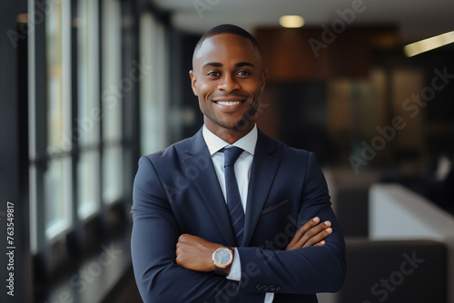 Smiling black businessman in suit. Man in work clothes. Rich man. Business boss. Boss of a start-up. Black man. Africa man. African country.AI.