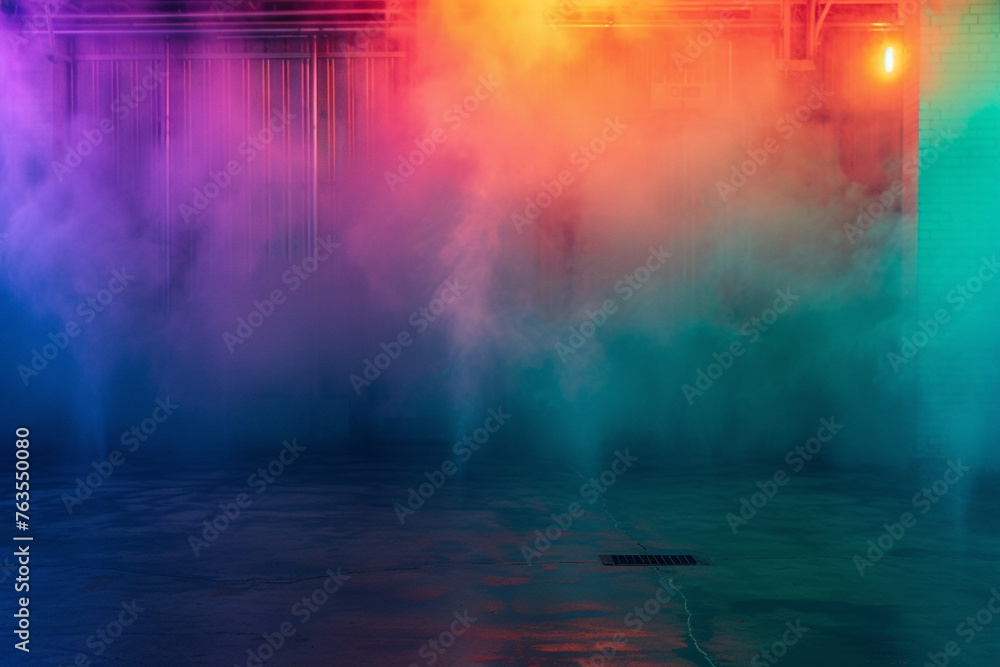 A vibrant and colorful display of rainbow smoke, transitioning smoothly in a gradient, showcased in a 3D garage with dynamic lights