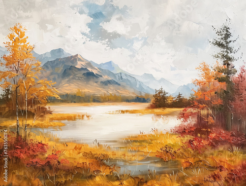 Digital painting of a lake and mountains