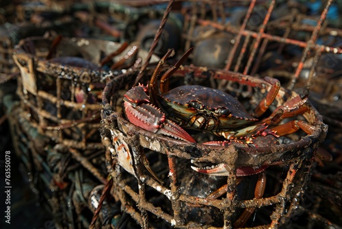 Iron traps cage with Red king crabs in the water, catching crabs from a ship