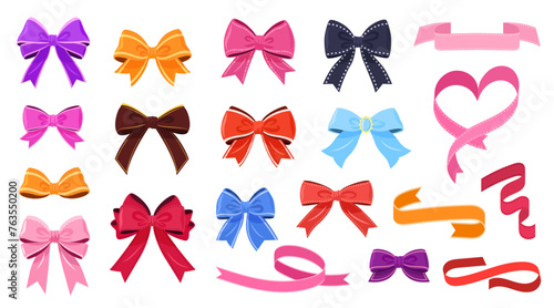 Multicolored bowknot and ribbons collection. isolated gift bows on a white background. These festive vector illustrations can be used for decoration, celebrations, weddings and party designs. photo