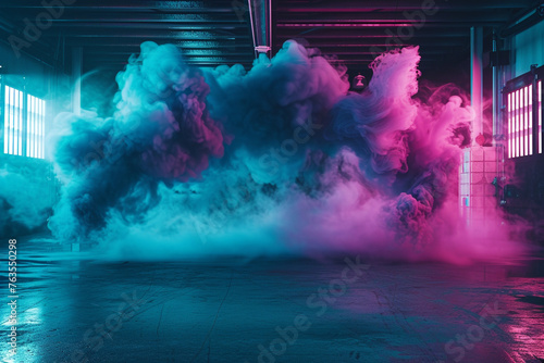 A vibrant and striking splash of raspberry pink and teal smoke, forming an energetic gradient in a 3D-rendered garage with vivid lighting