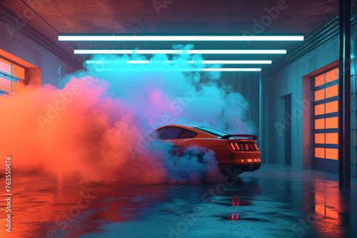 A vibrant mix of tangerine and turquoise smoke, blending in a lively gradient, showcased in a 3D-rendered garage with dynamic lighting