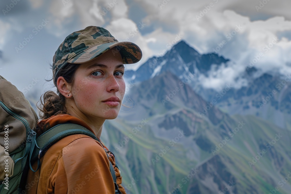 Woman hiker in camouflage cap facing camera with mountain peaks in background. Adventure and exploration concept. Design for outdoor gear advertisement, travel blog, mountain-themed . wallpaper Woman hiker in camouflage cap facing camera with mountain peaks in background. Adventure and exploration concept. Design for outdoor gear advertisement, travel blog, mountain-themed . wallpaper