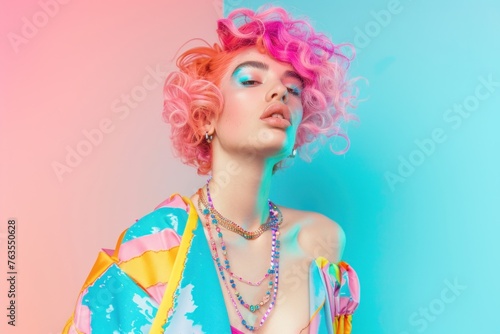 Vibrant pink and blue fashion photo of a woman with neon hair