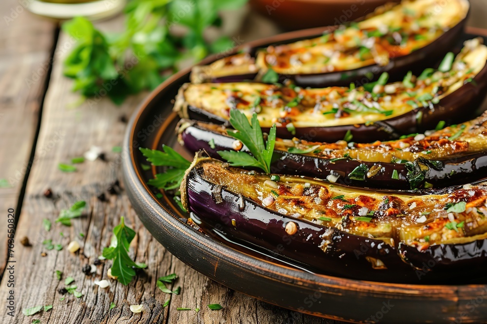 Baked eggplants in plate on wooden table