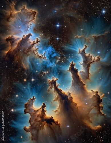 The towering cosmic cliffs of a nebula are captured in stunning blue hues, a testament to the beauty of the universe. This image highlights the serene yet dynamic nature of space formations.