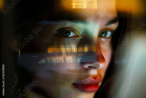 A close-up of a businesswoman's face reflected in her laptop screen in a softly lit office, symbolizing focus and determination