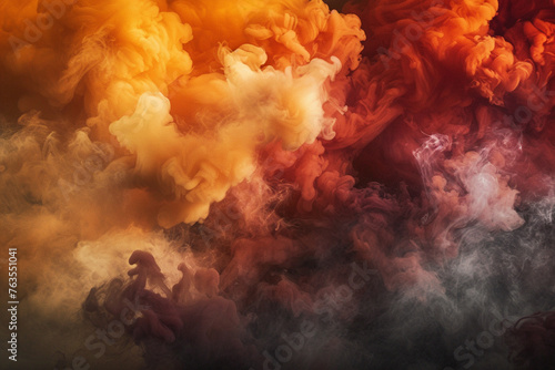 An artistic explosion of smoke, blending autumnal shades of russet, amber, and crimson, reminiscent of an aerosol effect