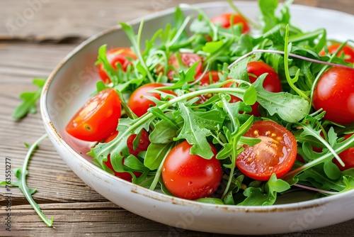 Fresh salad with microgreen, arugula and tomatoes in plate on wooden table