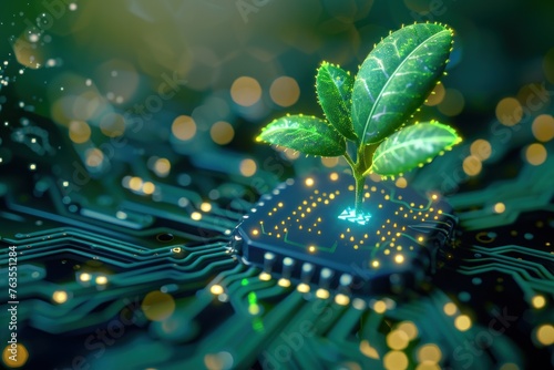 A green leaf is growing on top of a computer chip. Concept of innovation and technology, as well as the potential for growth and development in the field of electronics photo