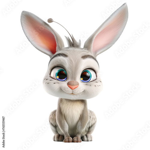 A cartoon rabbit with blue eyes and a pink nose is sitting on a white background