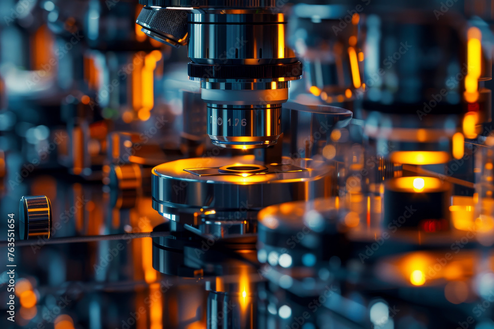 An abstract view of a medical laboratory with rows of high-tech microscopes An abstract view of a medical laboratory with rows of high-tech microscopes