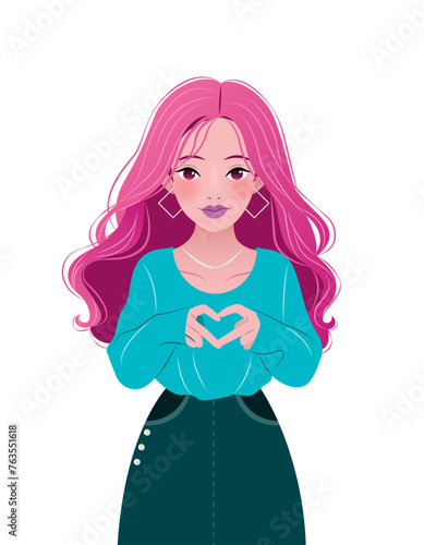Beautiful young woman showing sign of heart with her hands. Vector illustration for print, poster, cover, greeting card. isolated modern art on white background. Close-up female portrait. 