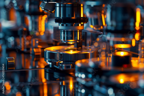 An abstract view of a medical laboratory with rows of high-tech microscopes