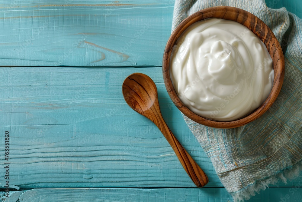 Bowl with white yogurt on wooden table Bowl with white yogurt on wooden table
