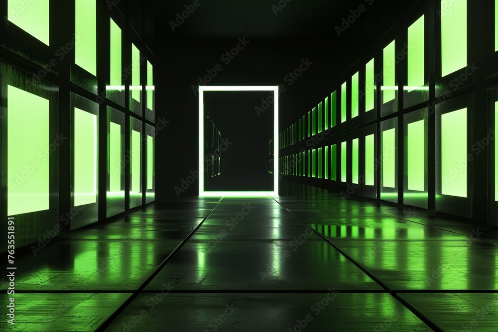 A futuristic corridor with cubes and neon led lights in green color ...