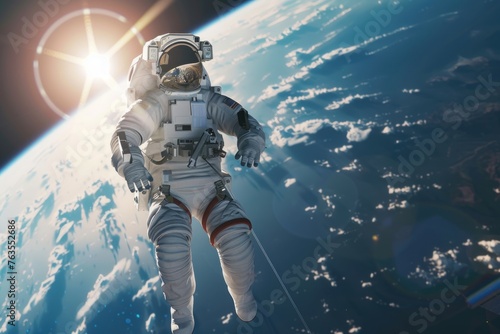 A man in a spacesuit is floating in space. Concept of adventure and exploration, as the astronaut is in the midst of a journey through the vastness of space