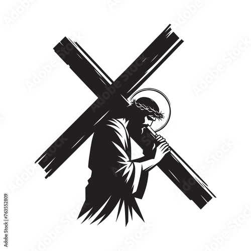 Jesus carrying the cross silhouette. Icon of Jesus in crown of thorns, great suffering of Jesus, vector illustration.