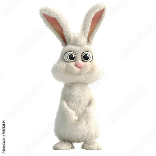 A cartoon rabbit with a pink nose and big eyes stands on a white background
