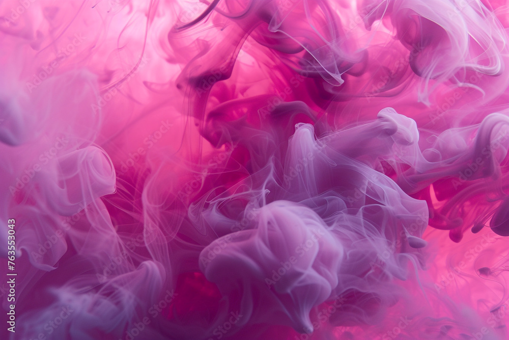 Ethereal viva magenta smoke, flowing with light and creating intricate splashes, set against an abstract background, reminiscent of ink blending in water
