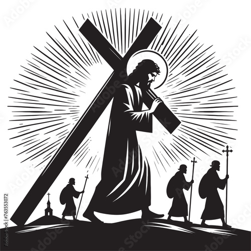 Jesus carrying the cross silhouette. Icon of Jesus in crown of thorns, great suffering of Jesus, vector illustration.