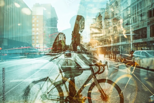 Cyclists in the city, Beautiful motion blur and double exposure image with city street, skyscrapers