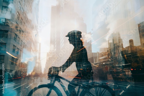 Cyclists in the city, Beautiful motion blur and double exposure image with city street, skyscrapers