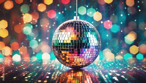 disco ball sphere with colorful disco lights for party nights wallpaper background with copy space