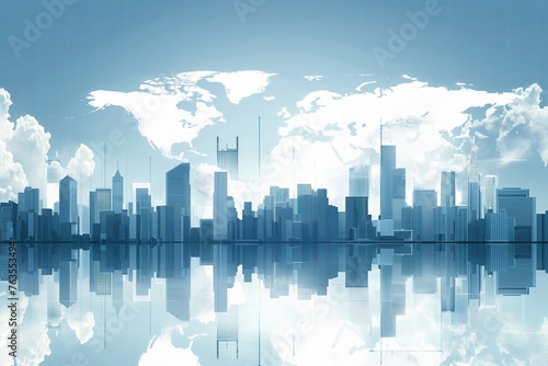 Modern city skyline with skyscrapers and world map