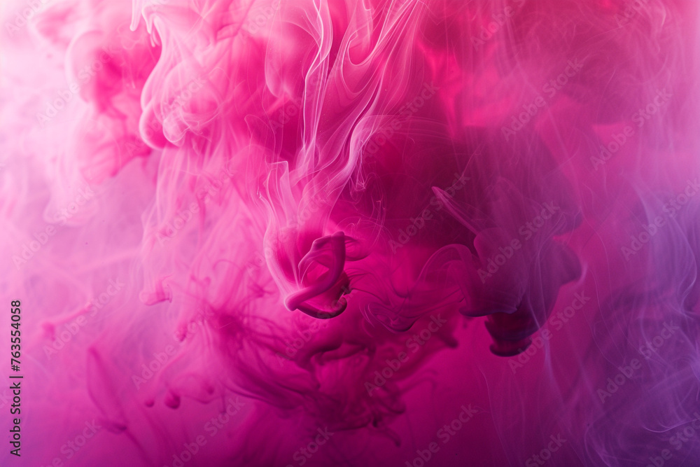 Mesmerizing viva magenta smoke, flowing with light and creating dynamic splashes, set against an abstract background, reminiscent of ink in water
