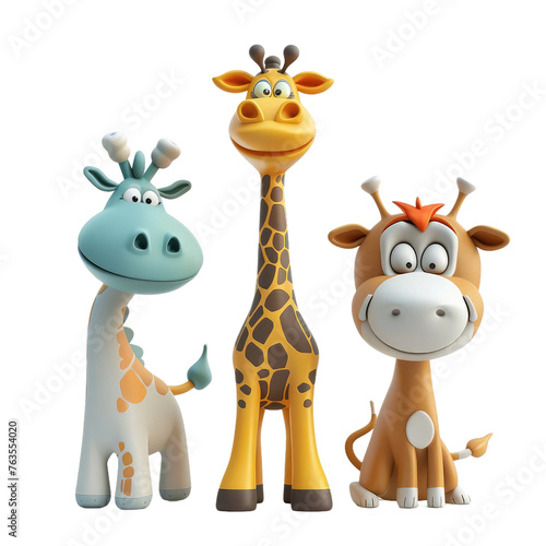 Three cartoon giraffes are standing next to each other