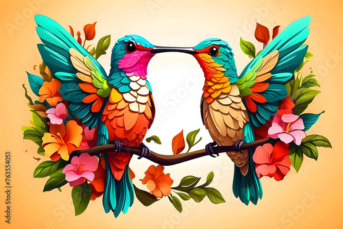 Two birds perched on a flower-covered branch. © amna artist