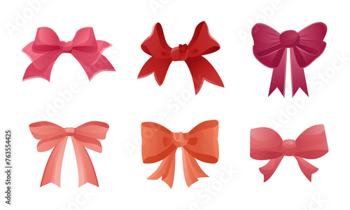Set of bright orange-pink-red gradient ribbon bow. Collection of ribbon bows with volume. Vector