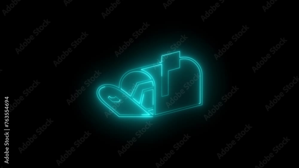 Neon glowing cyan open letter box icon animation in black background Neon glowing cyan open letter box icon animation in black background