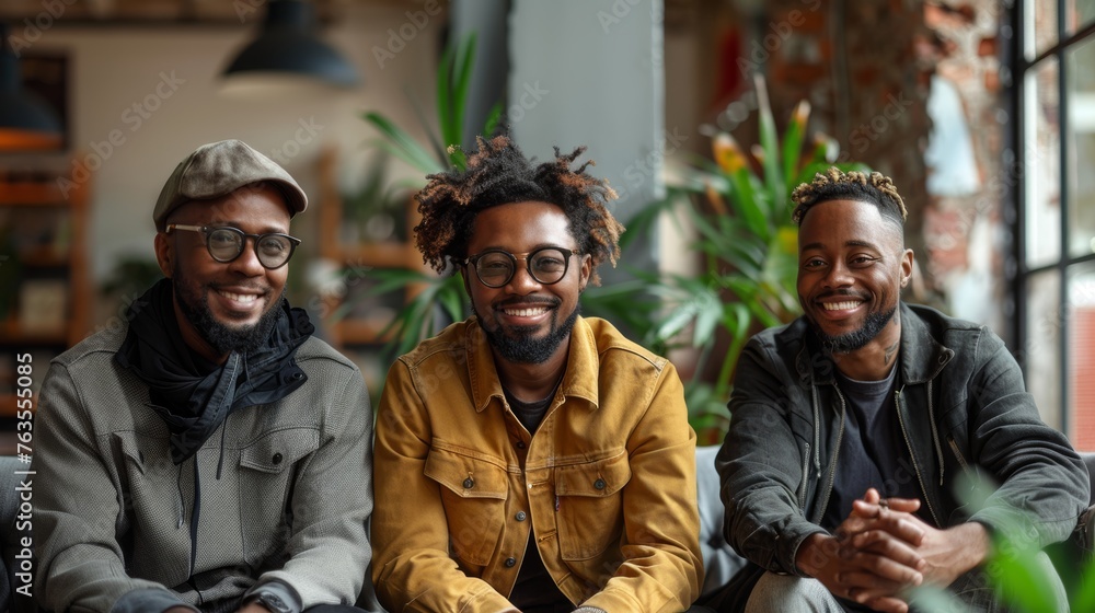 Fototapeta premium Friends Bonding over Coffee on a Gray Sofa Generative AI
