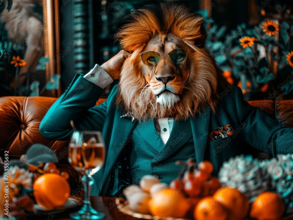 Man in Lion Mask Sitting at Table