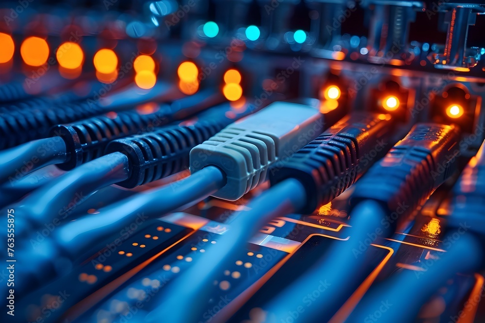 closeup network cable and data devices in information technology system room, data center, digital, internet, communication, cyber security system, business, network connection and technology concept closeup network cable and data devices in information technology system room, data center, digital, internet, communication, cyber security system, business, network connection and technology concept