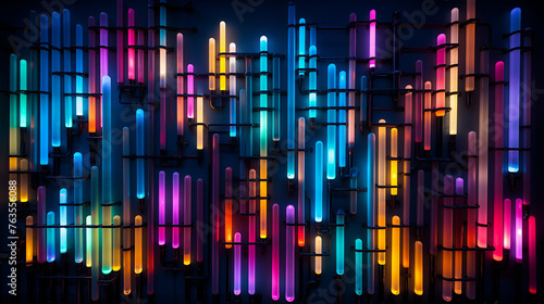 Vertical tubes of different lengths illuminated with neon colors