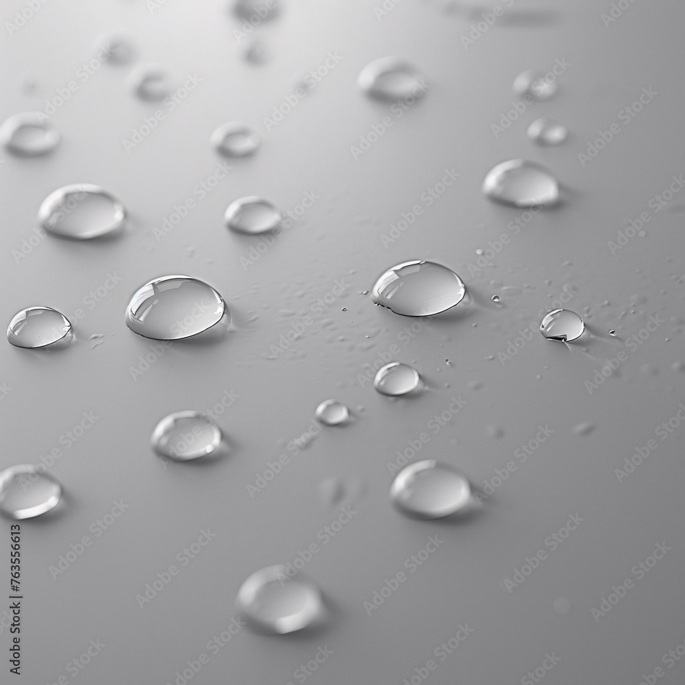 A captivating close-up view of water droplets poised delicately on a sleek gray backdrop, embodying purity and tranquility