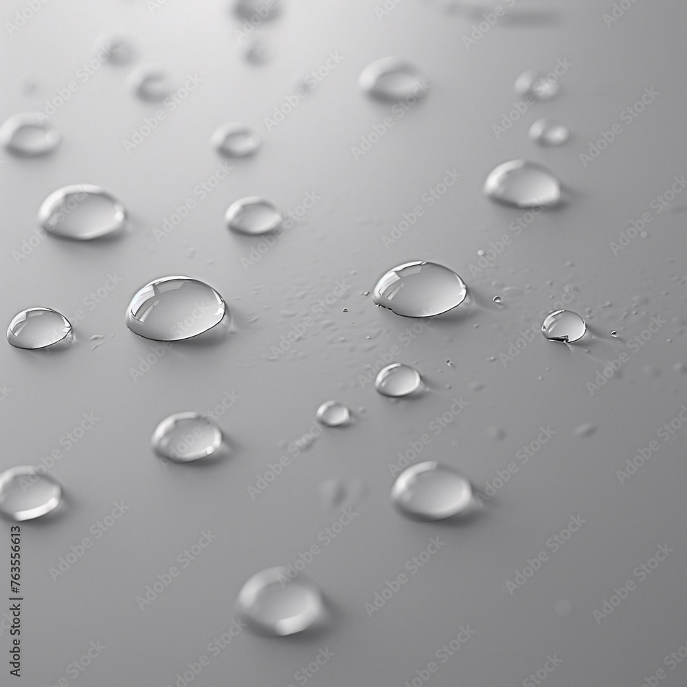 A captivating close-up view of water droplets poised delicately on a sleek gray backdrop, embodying purity and tranquility A captivating close-up view of water droplets poised delicately on a sleek gray backdrop, embodying purity and tranquility