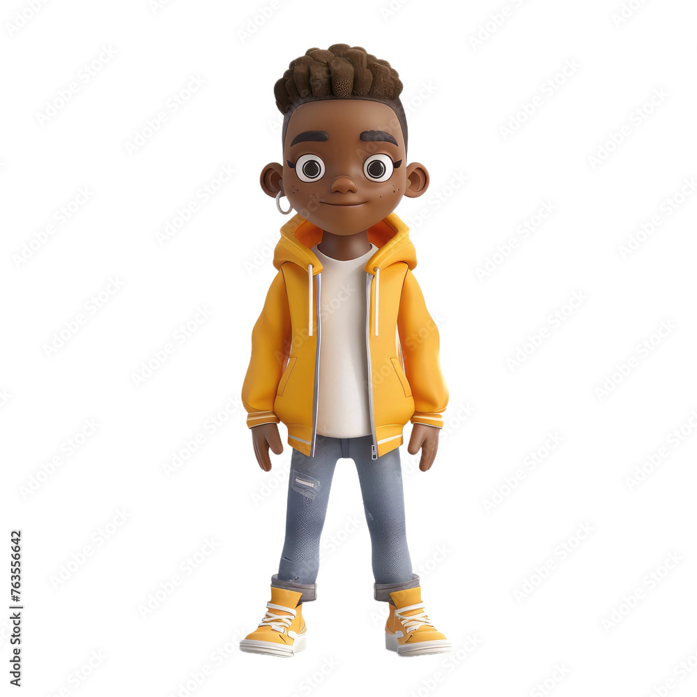 A cartoon boy in a yellow hoodie and jeans is smiling