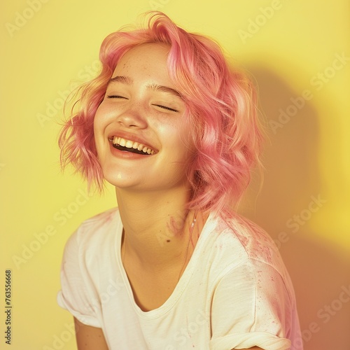 Discover the essence of elegance in this skincare portrait of a delighted 20-year-old European model highlighting pink hair. Against a soft backdrop, with a luminous filter effect 