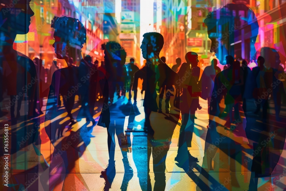 A digital art piece depicting diverse individuals standing in an array of vibrant colors, their silhouettes intertwined with the lively street scene behind them Generative AI - obrazy, fototapety, plakaty 