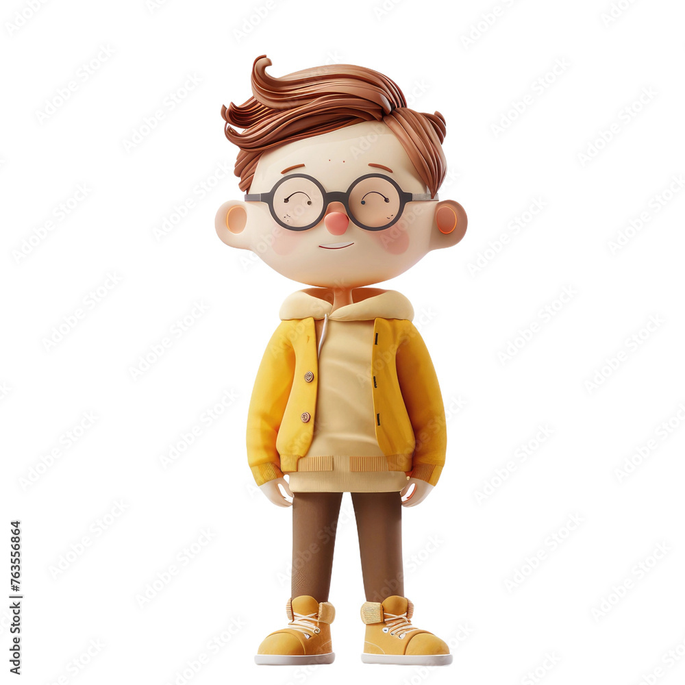 A cartoon boy wearing glasses and a yellow jacket is smiling