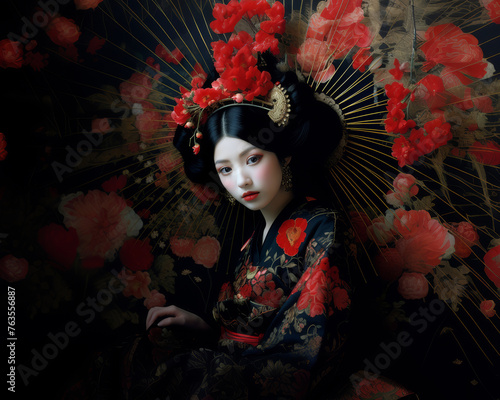 Regal geisha posing with refined grace among soft cherry blossoms. Generative AI.