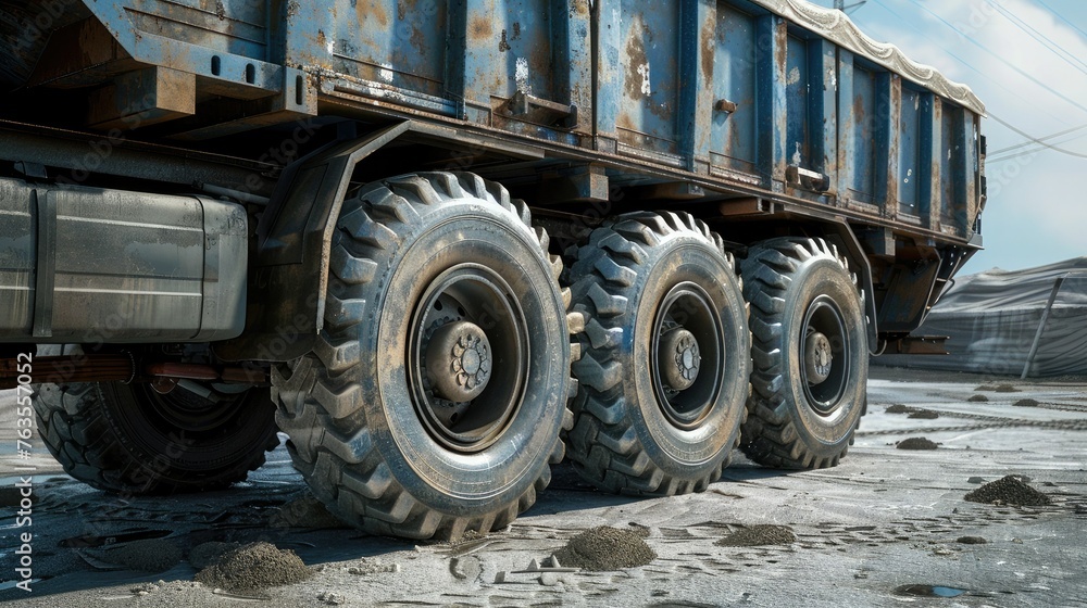 of a large vehicle, including its structure, materials, logos, and any visible wear. Textures such as metal surfaces, tire treads and shipping containers,