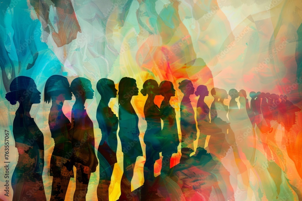 A digital art piece depicts diverse individuals standing in an endless line, their forms blending into each other as they appear to be made of colorful abstract shapes and patterns Generative AI - obrazy, fototapety, plakaty 