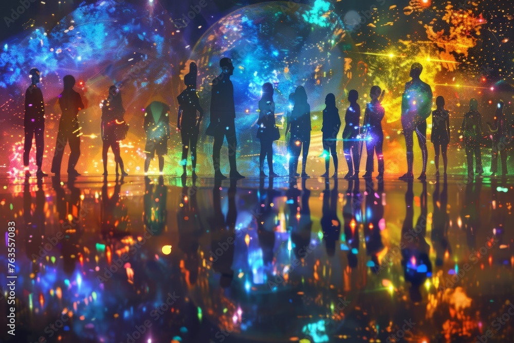 A digital art piece depicting diverse individuals standing in an open space, their silhouettes illuminated in the style of vibrant colors and patterns that symbolize unity and diversity within the com