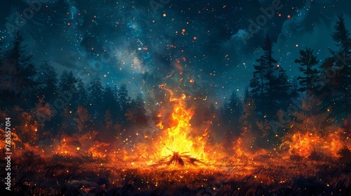 Campfire Night  Digital Painting of a Forest Scene for Weather App Generative AI
